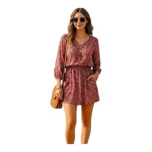 LONDON MILANO PARIS‎ Paisley Silk Blend V Neck Dolman Sleeve Smocked Waist Mini
